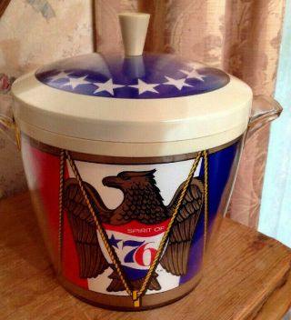Vintage Spirit Of 76 Paper/plastic Ice Bucket W Lid Looks Like A Drum With Eagle