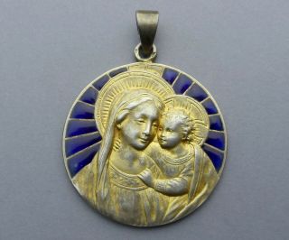 French,  Antique Large Religious Sterling Pendant.  Saint Virgin Mary And Jesus.