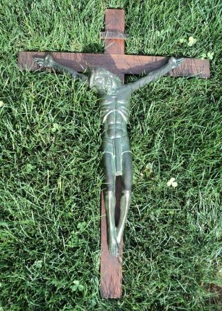 Large 30 " Antique Solid Bronze & Wood Wall Crucifix Altar Cross Jesus Corpus