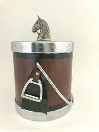 Vintage Ice Bucket Equestrian Horse Saddle Faux Leather Chrome Bar