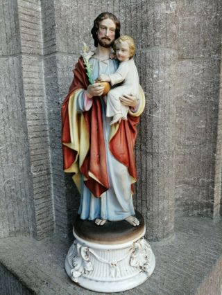 Antique Fine Porcelain Bisque St Joseph Baby Jesus Altar Standing Figure Statue