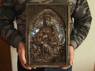 Religious French Antique Silvered Copper Plaque - Crowned Virgin And The Child