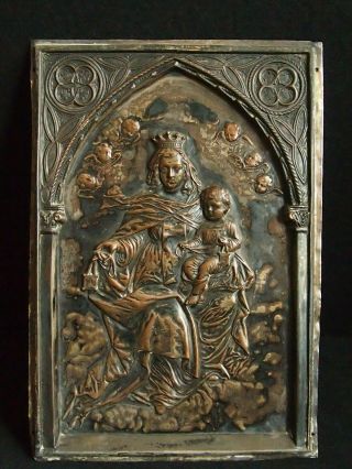 RELIGIOUS FRENCH ANTIQUE SILVERED COPPER PLAQUE - CROWNED VIRGIN AND THE CHILD 2