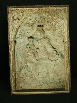 RELIGIOUS FRENCH ANTIQUE SILVERED COPPER PLAQUE - CROWNED VIRGIN AND THE CHILD 3