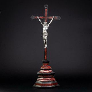 Crucifix Altar | Wooden Standing Cross | Antique Bronze Christ 1800s | 38.  6 "