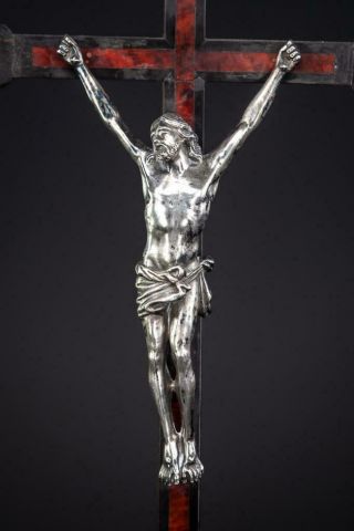 Crucifix Altar | Wooden Standing Cross | Antique Bronze Christ 1800s | 38.  6 