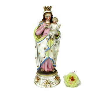 Antique Porcelain Bisque Statue Virgin Mary Our Lady Infant Child Gorgeous 15 "