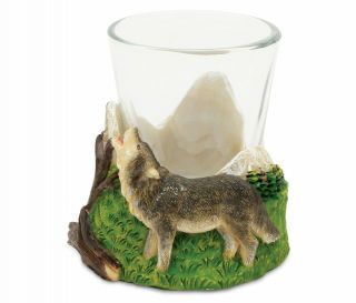 Puzzled Wolf Resin Stone Finish Shot Glass Holder W/ Clear Shot Glass Forest Riv