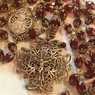Catholic Rosary Garnet Red Crystal Antique Bronze Sacred Heart Of Jesus Handmade