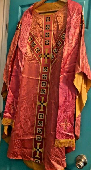 Gorgeous Vintage Catholic Priests Pink Rose & Gold Brocade Chasuble & Stole
