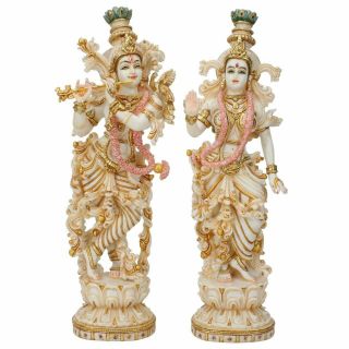 Marble Dust Lord Krishna Radha Statue For Home Indian Art Handmade Idol Figurine
