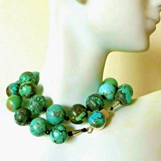 Finest Antique Chinese Carved Natural Turquoise Beads Necklace Custom Clasp 18 "