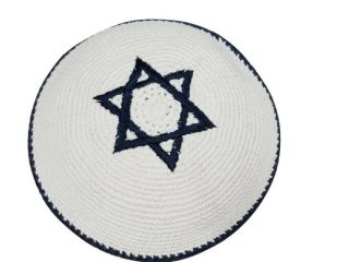 Navy Blue Star Of Magen David On White Knitted Kippah Yarmulke From Jerusalem