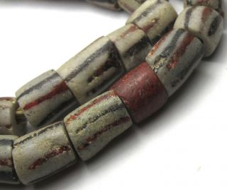 11 " Strand Of 35 Rare Well Worn Mixed Striped Ghana Sand Cast Glass Beads