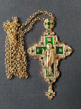 Orthodox Christian Priest Pectoral Cross Crucifix Gold Plated Wt Chain Crystals