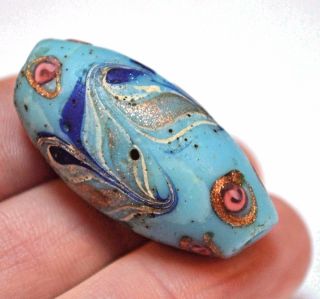 Large Antique Venetian Aqua Blue Feather W Floral Eyes & Gold African Trade Bead