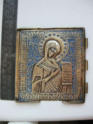 Large Antique old XIXc RUSSIAN Bronze blue enamel icon Mother of God 3