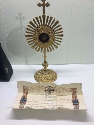 Ornate Brass Reliquary,  First Class Relic Saint Pius X,  With Case