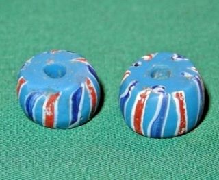 Antique Venetian Blue Italian Glass Beads Red White & Blue Stripes African Trade
