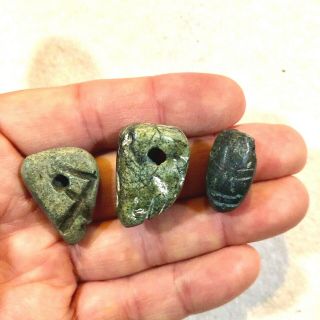 3 Rare Authentic Pre - Columbian Jadeite Bead Pendants,  Drilled,  Hand Carved