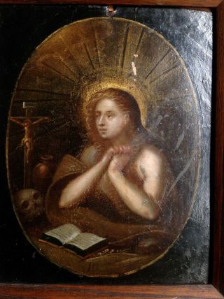 Large 17c Antique Portrait Miniature Oil On Copper Mary Magdalene Skull Mourning