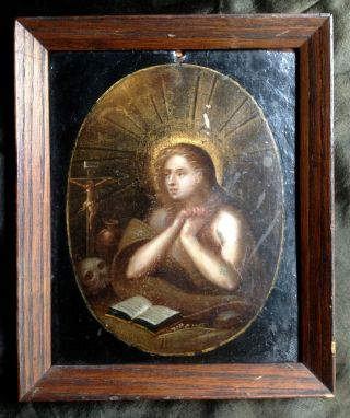 LARGE 17c ANTIQUE PORTRAIT MINIATURE OIL ON COPPER MARY MAGDALENE SKULL MOURNING 2