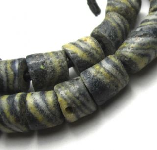 12 " Strand Of 42 Rare Well Worn Small Striped Ghana Sand Cast Glass Beads