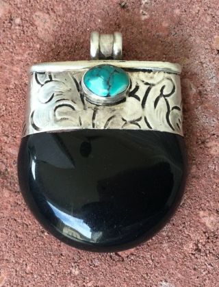 Vintage Authentic Silver Embossed Agate Turquoise Pendant African Trade Beads