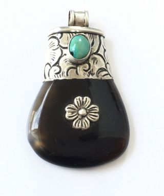1 Vintage Authentic Silver Embossed Agate Turquoise Pendant African Trade Beads