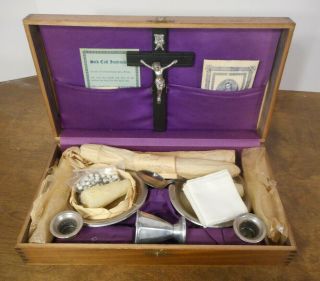 Antique Catholic Priest Travel Sick Call Last Rite Set Wood Box W/ Accessories