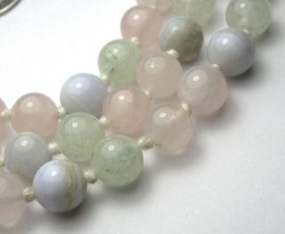 28 " Hand Knotted Necklace Of 80small Blue Lace Agate/rose Quartz/aventurine Beads