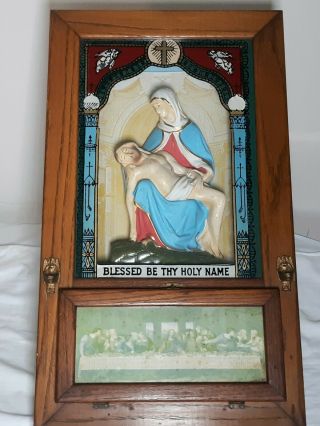 Antique Christian Catholic Religious Shadow Box Vintage W/ Mary and Jesus 24x13x 2