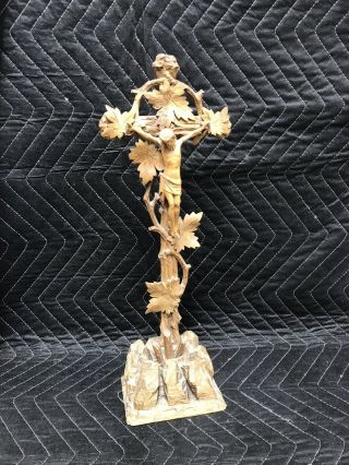 Antique Vintage Wood Carved Table Top Jesus On The Cross Crucifix 16” Exquisite