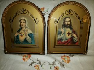 Sacred Heart Of Jesus And Mary Art Deco Reverse Painted Frames.