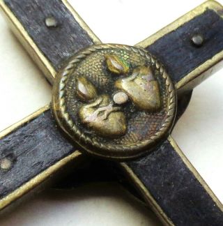 The Sacred Hearts - Antique Old Bronze & Ebony Wood Crucifix Cross Pendant