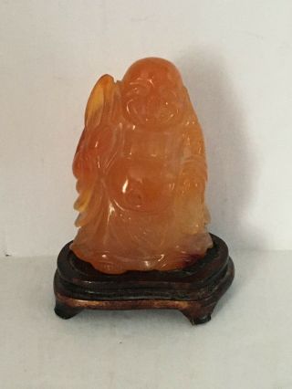 Red Orange Jade Laughing Buddha Figurine With Stand