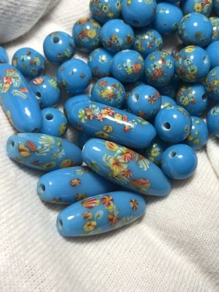 Vintage Art Glass Jewelry Making Beads Venetian Murano Blue Confetti Millefiori