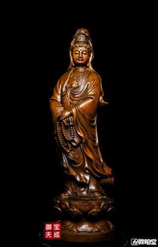8 " Old Chinese Buddhism Boxwood Wood Carved Pray Guanyin Kwan - Yin Buddha Statue