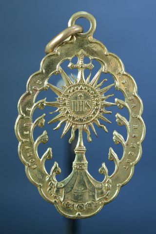 Rare Large Religious Medal Pendant 19thc Most Holy Sacrament Monstrance Ihs