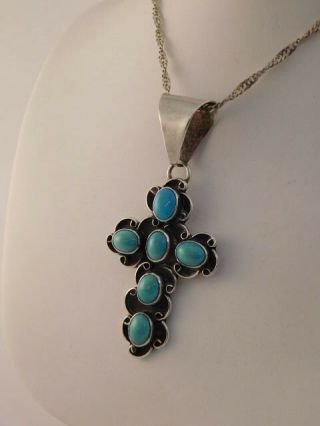 Carol Felley Blue Green Turquoise Sterling Cross Pendant Necklace Silver 925