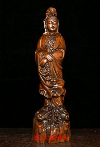 8 " Old Chinese Buddhism Boxwood Wood Carved Stand Guanyin Kwan - Yin Buddha Statue