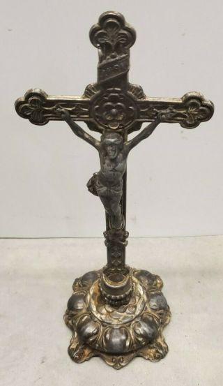 Antique Art Nouveau Crucifix With Skull And Bones Table Top Standing 10.  5 Inch