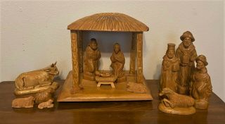 Vintage Carved Olive Wood Holy Family Christmas Nativity Scene & Creche - 15 Pc