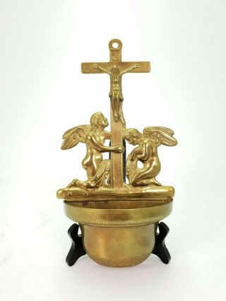 Antique Belgian Brass Holy Water Font Arch Angel Religious Wall Mounted E/0477