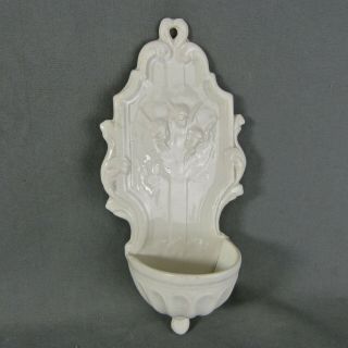 Antique French Holy Water Font Stoup Angels Putti White Porcelain 19th Century