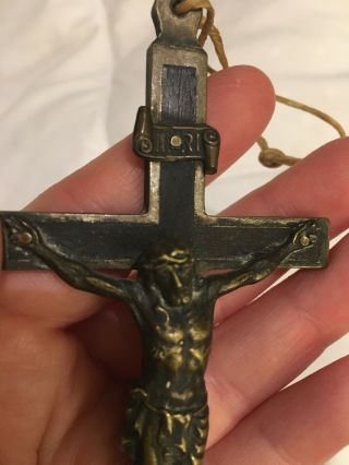 Antique Metal Wood Inlay Pectoral Crucifix Jesus Christ Cross Germany