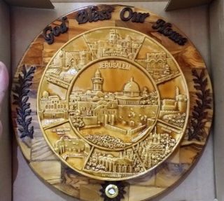 Olive Wood Hand Made Big Wall Decor Plate Of The Holy Sites In The Holy Land