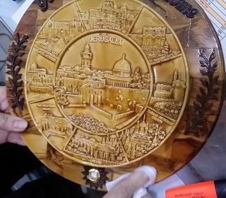 Olive Wood hand made big wall decor plate of the Holy sites in the Holy Land 2