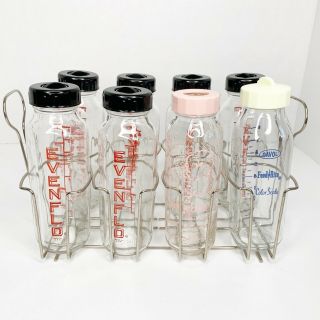 Vintage Glass Baby Bottles Caps Set Of 8 Rack Evenflo Davol Lenkerbrook 8oz Usa