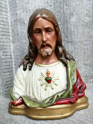 Antique Vintage Chalkware Signed Plaster Jesus Bust Sacred Hearth Statue Figure